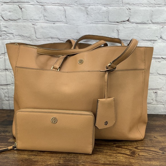 Tory Burch Robinson Brown Double Zip Tote Handbag With Wallet - Picture 1 of 16